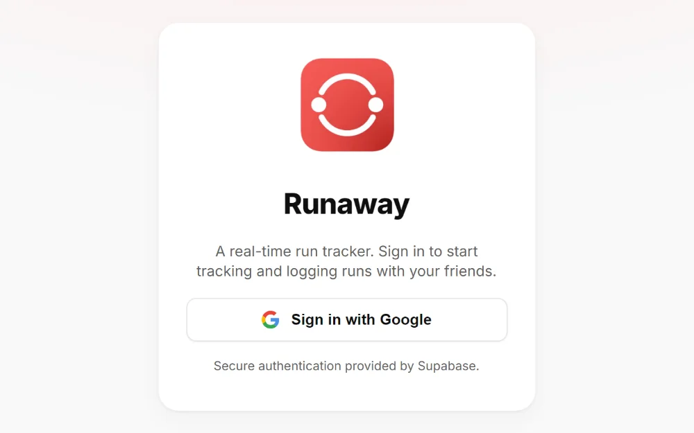 Runaway: the sign-in card, offering Google sign-in through Supabase.