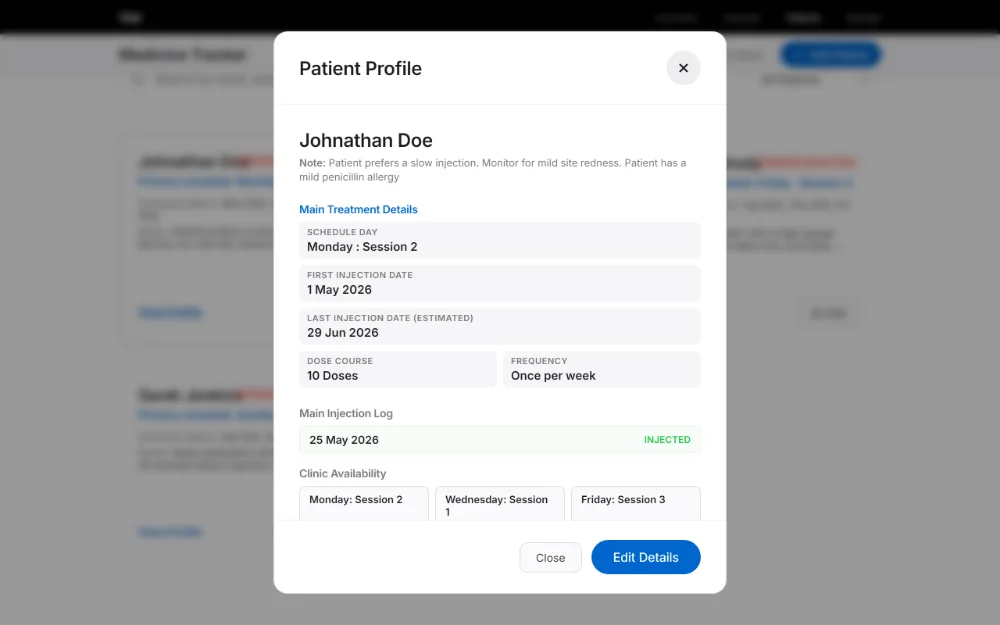 Vial: a patient profile dialog showing schedule day, first and last injection dates, dose course, frequency and an injection log.